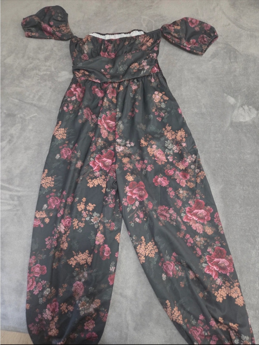 Off-Shoulder Floral Jumpsuit in Charcoal with Pink Blooms